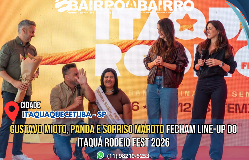 🤠🔥 LINE-UP COMPLETO! O ITAQUÁ RODEIO FEST 2026 PROMETE FAZER HISTÓRIA! Agora é oficial! 🎶 Gustavo Mioto, Panda e Sorriso Maroto são as últimas atrações confirmadas e fecham a programação do Itaquá Rodeio Fest 2026, que acontece nos dias 5, 6, 11 e 12 de setembro. 🌟 Confira alguns dos artistas confirmados: 🎤 Gusttavo Lima 🎤 Simone Mendes 🎤 Henrique & Juliano 🎤 Belo 🎤 Calcinha Preta 🎤 Natanzinho Lima 🎤 Matuê 🎤 Gustavo Mioto 🎤 Sorriso Maroto 🎤 Panda 🎤 Grelo 🎤 Filho do Piseiro 🎤 Bia Frazzo 🐂 Além dos grandes shows, o evento terá montarias, praça de alimentação, concurso da Rainha e Princesas e expectativa de receber 250 mil pessoas, movimentando a economia e gerando cerca de 4 mil empregos. ❤️ A tradicional troca solidária de ingressos começa no dia 10 de agosto, com doação de alimentos ou materiais recicláveis, reforçando o compromisso social e ambiental da festa. 🛡️ Outra novidade será o reforço na segurança, com sistema de reconhecimento facial integrado às forç