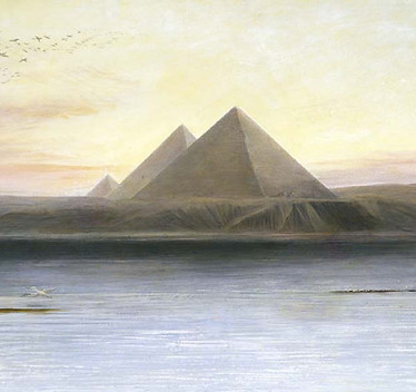 Scene of two pyramids alongside the Nile River reminiscent of ancient times in Egypt 