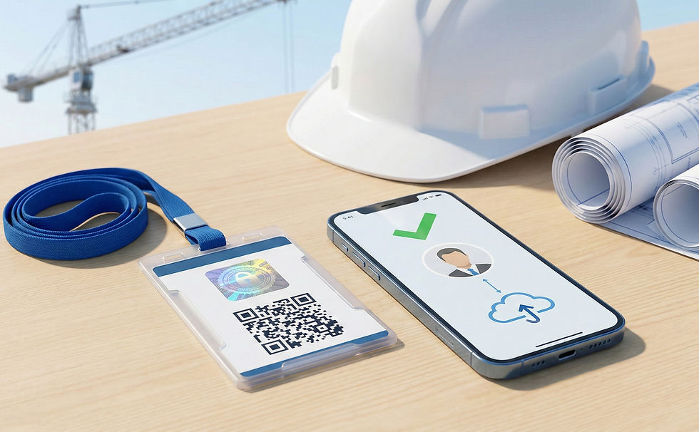 Badge digitale con QR code, smartphone per accesso online e casco da cantiere sul tavolo: esempio di gestione digitale dei lavoratori tramite SIISL – Sistema Informativo per l’Inclusione Sociale e Lavorativa, tracciabilità presenze e sicurezza nei cantieri.