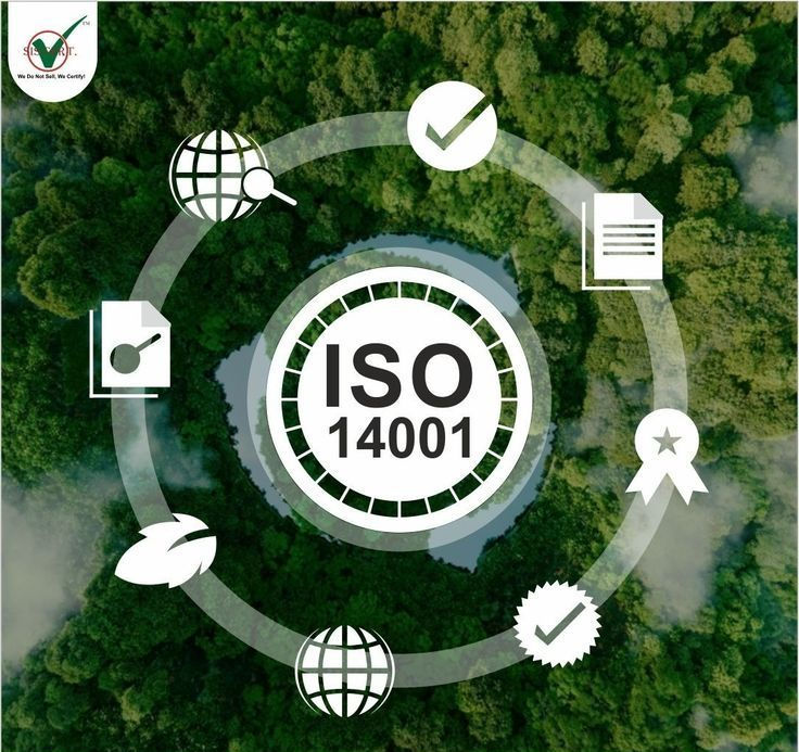 Grafica ISO 14001 con icone ambientali su sfondo di foresta, simbolo di sostenibilità e gestione ambientale