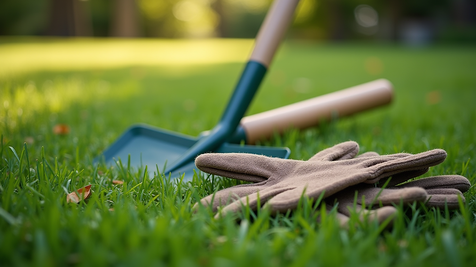 Eye-level view of a garden rake and gloves on a grassy lawn