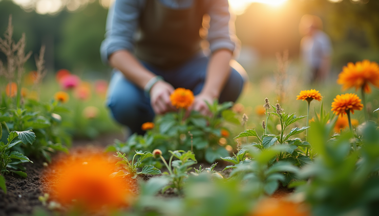 Eye-level view of a community garden with blooming flowers and a single volunteer tending plants