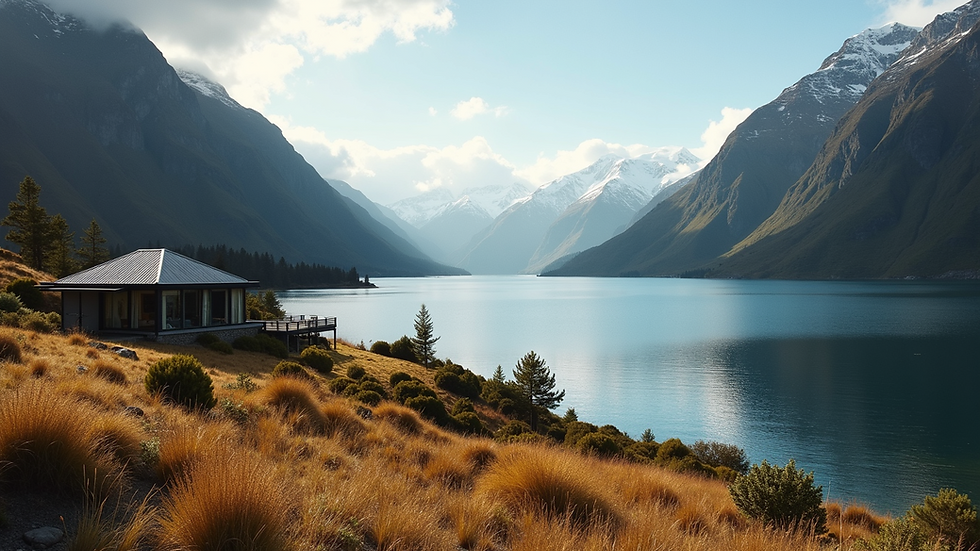Eye-level view of a luxury lodge overlooking a serene lake in New Zealand
