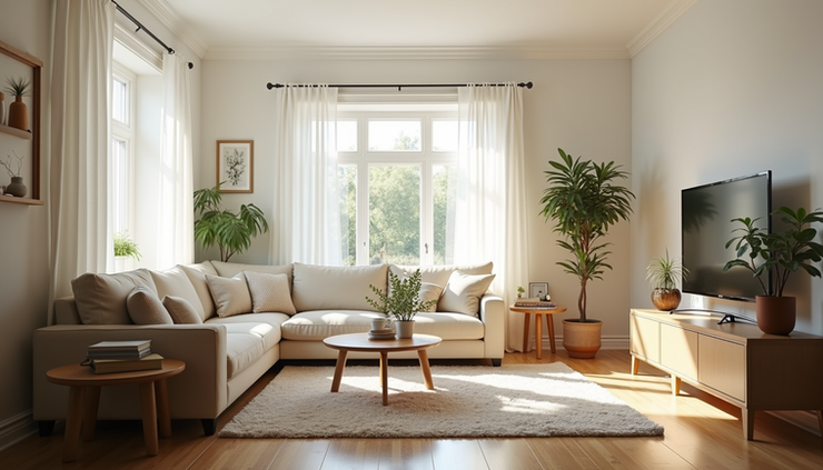 Eye-level view of a tidy and bright family living room with natural light