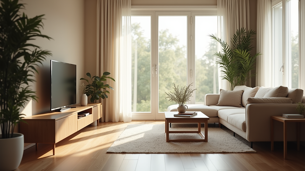 Eye-level view of a serene living room with natural light