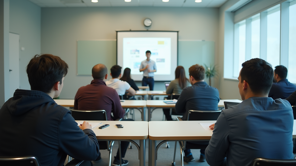 Eye-level view of a modern classroom with students engaged in hybrid learning