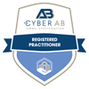 Cyber AB Registered Practitioner (RP) badge; Scott Parramore and Charlie Agonoy hold the individual RP designation.
