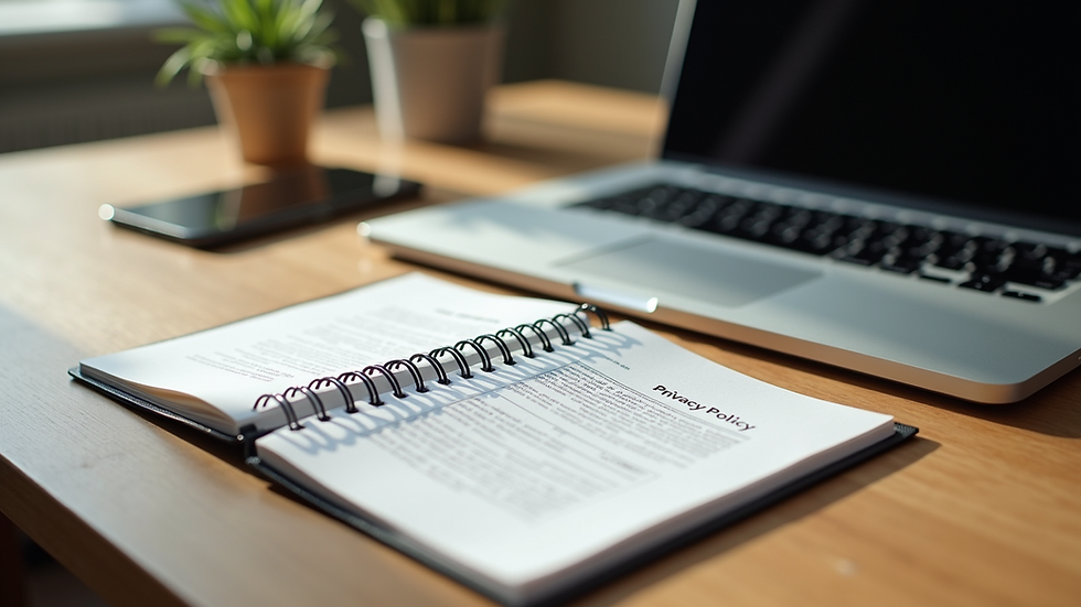 Eye-level view of a wooden desk with a laptop and a notebook open to a privacy policy draft