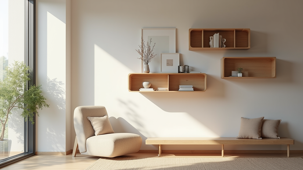 Eye-level view of a modern living room wall with curved floating wooden shelves