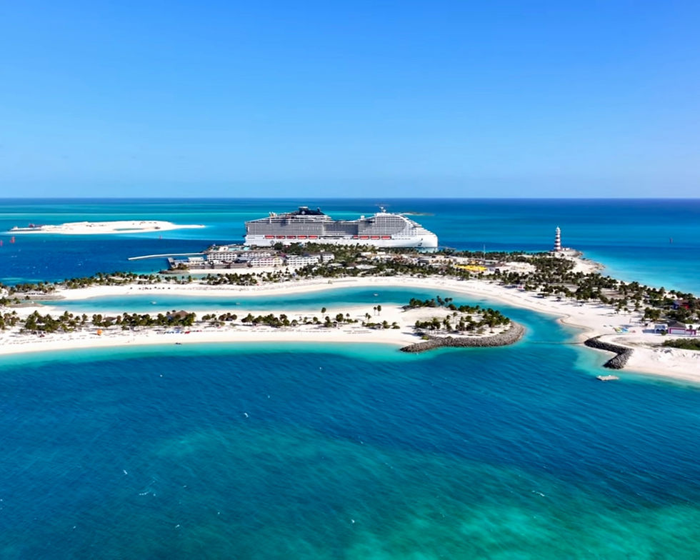 A breathtaking view of Ocean Cay MSC Marine Reserve, featuring crystal-clear turquoise waters, soft white-sand beaches, and a peaceful island setting designed for both relaxation and adventure.
