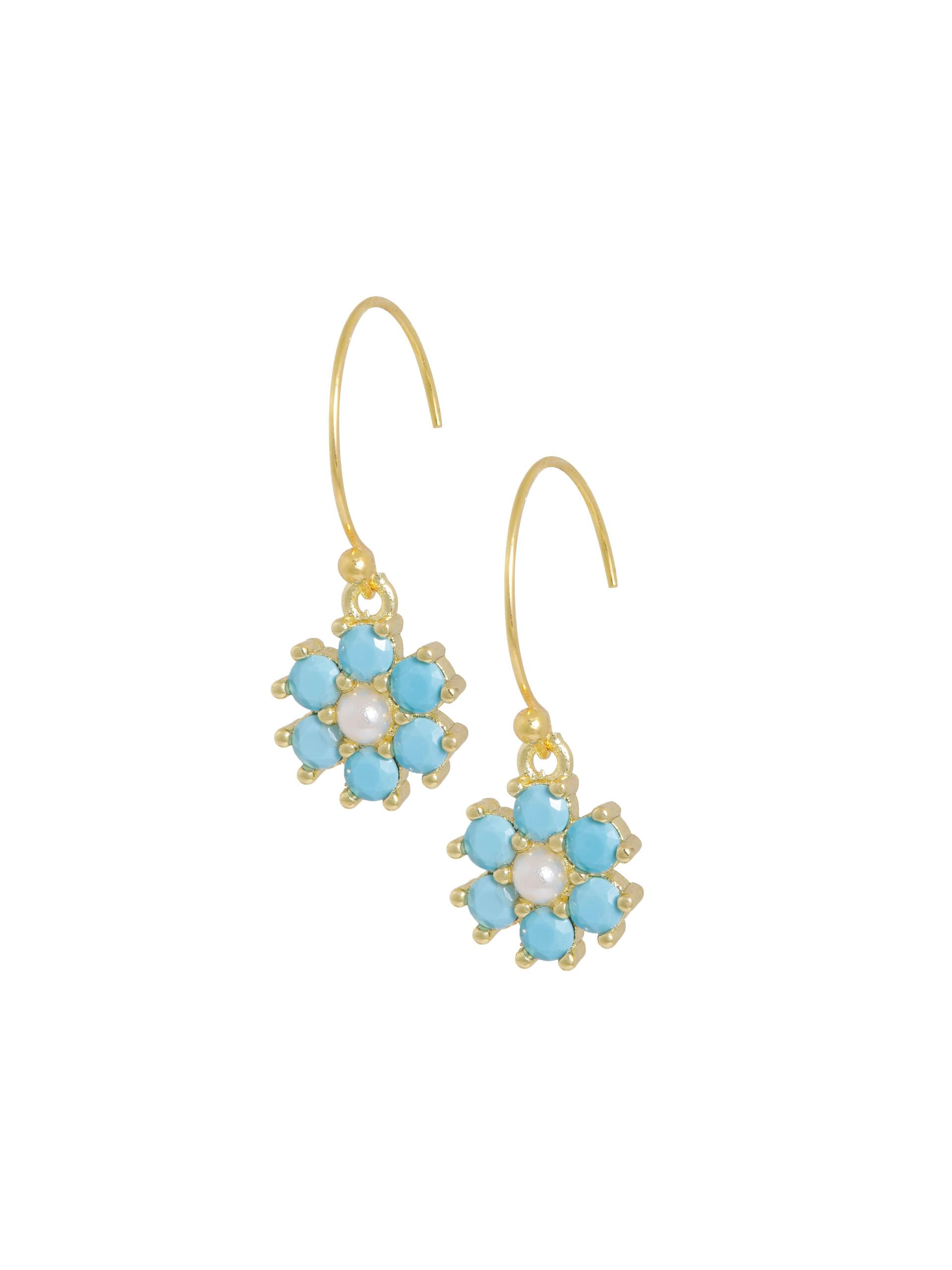BO8 - Boucles d'oreilles plaquées or avec perle et fleur turquoise (2 cm)
