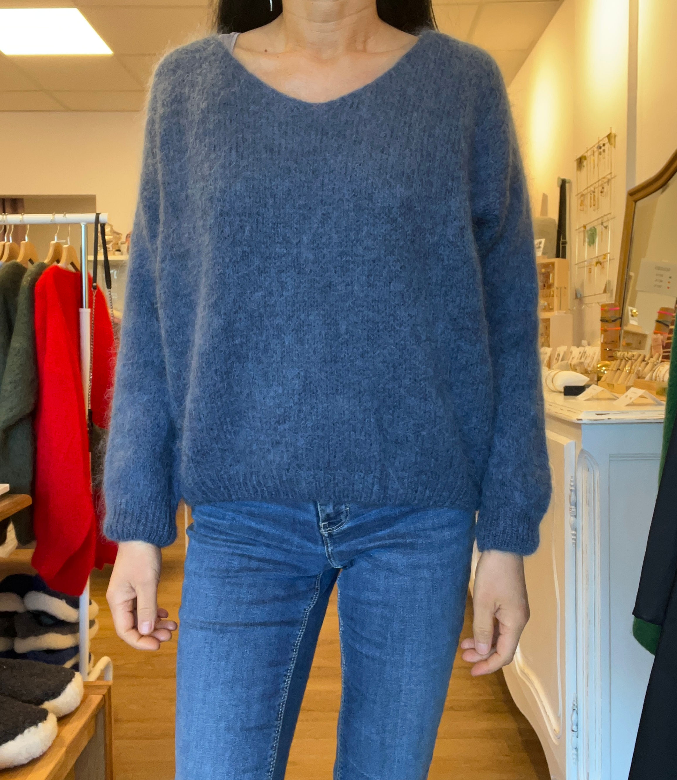 Pull Col V en kid mohair 5264 -  Bleu Jeans