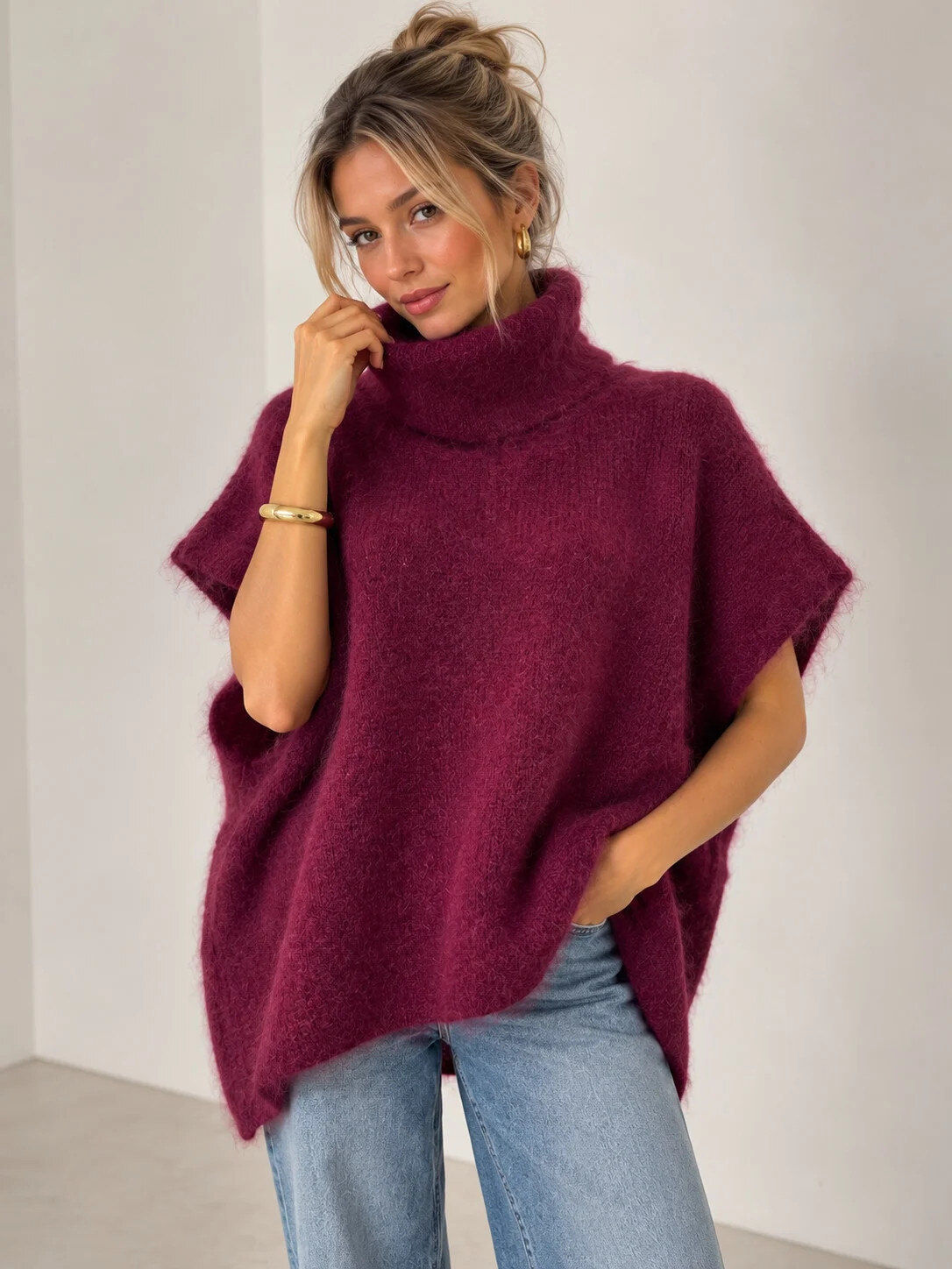 Pull kid mohair style poncho 5253 - Bordeaux