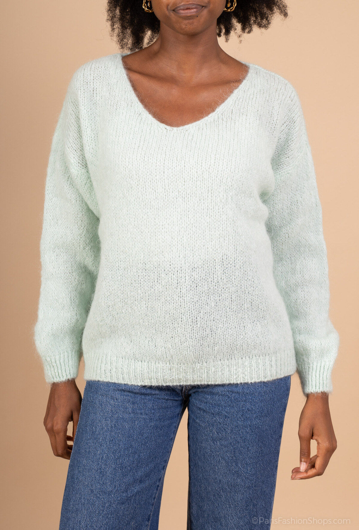 Pull Col V en kid mohair 5264 - Aqua