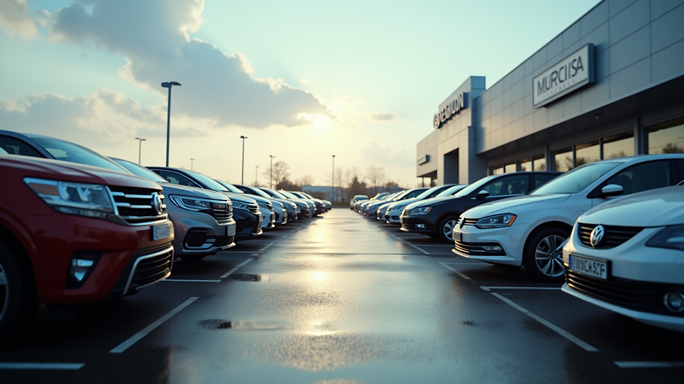 Eye-level view of a car dealership lot with various cars parked