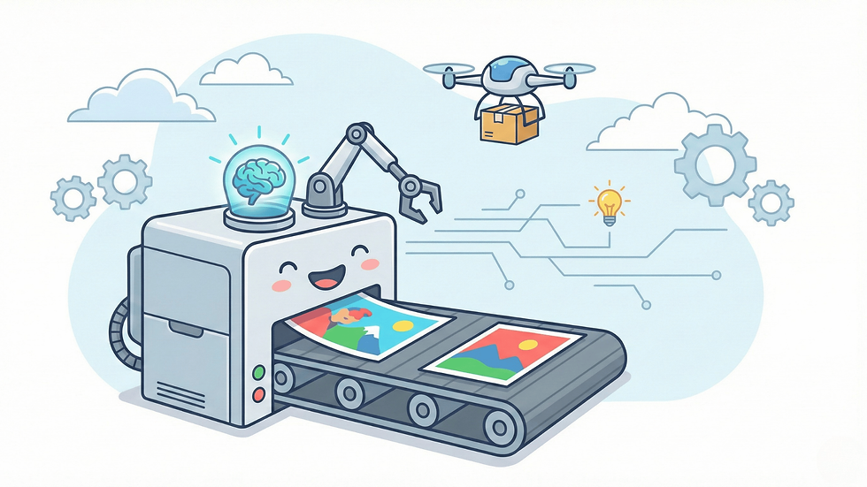 A cartoon illustration of a smiling printing machine with a glowing brain on top, producing printed images on a conveyor belt, accompanied by a robotic arm and a delivery drone in the background