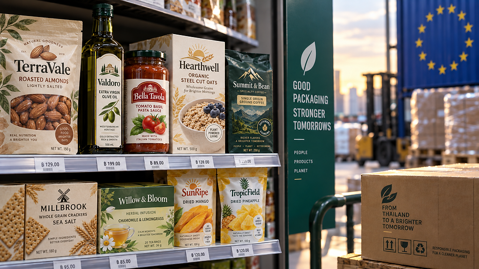 Retail products in sustainable packaging displayed on a supermarket shelf, representing stricter packaging regulations, recyclability, and export compliance.