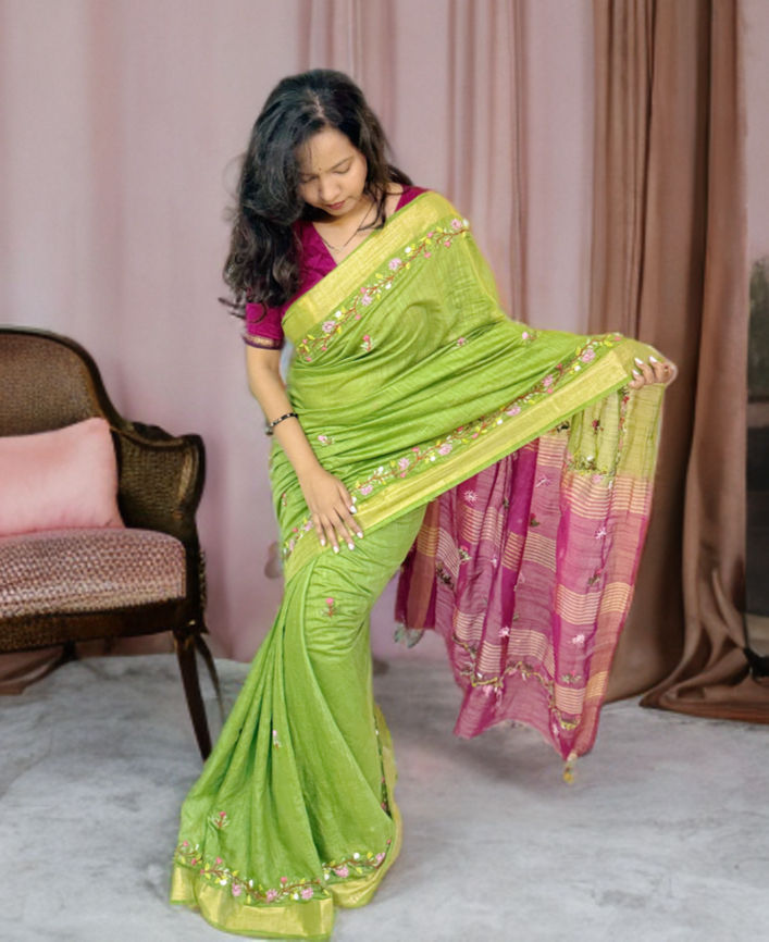 Bagh-e-Rang – Handcrafted Linen Silk Saree