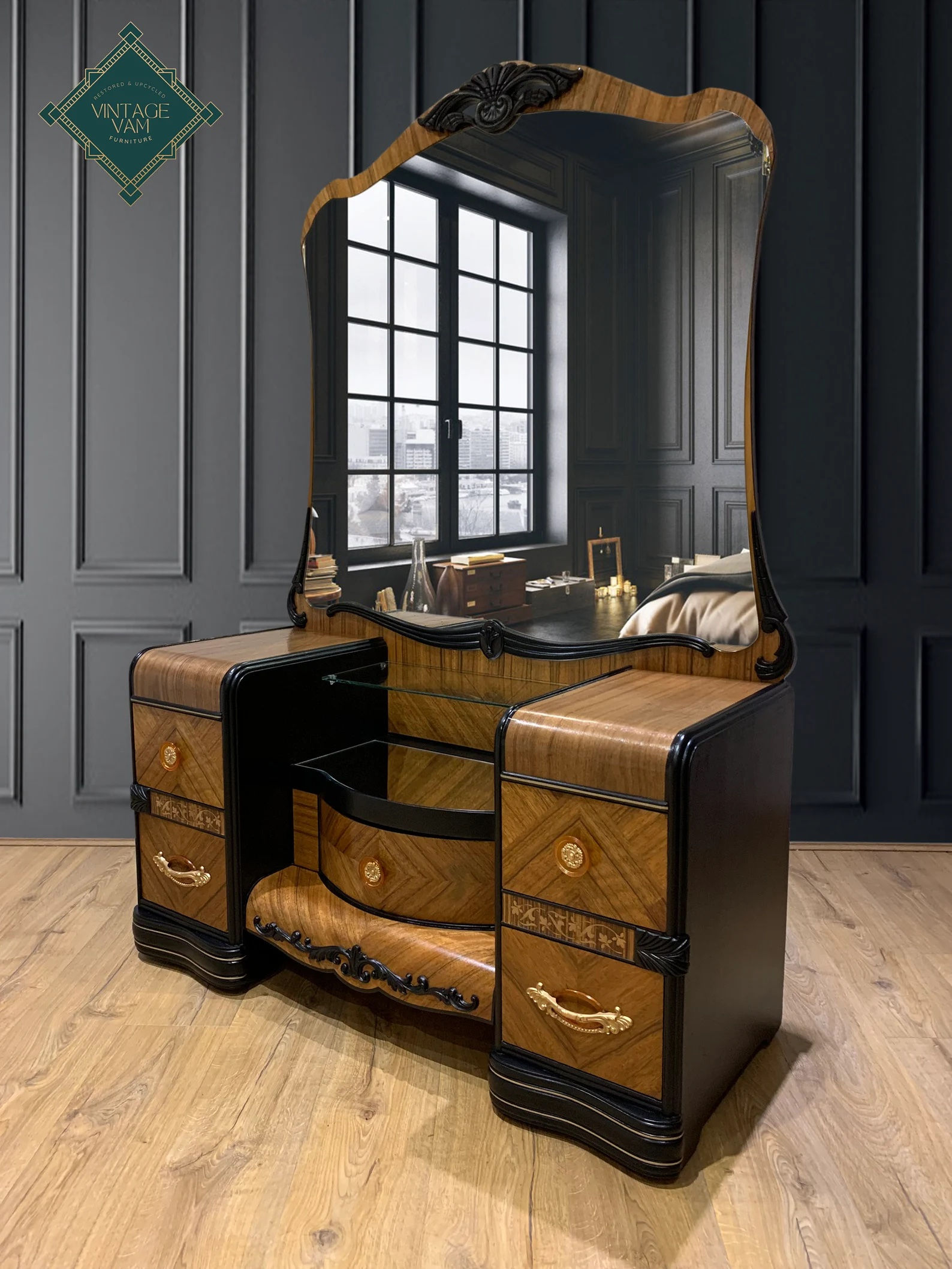 American 1930s Art Deco Waterfall Dressing Table/Vanity