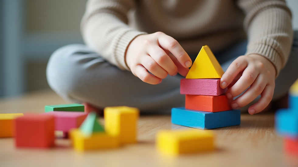 Close-up view of a child’s hands building a colorful block tower