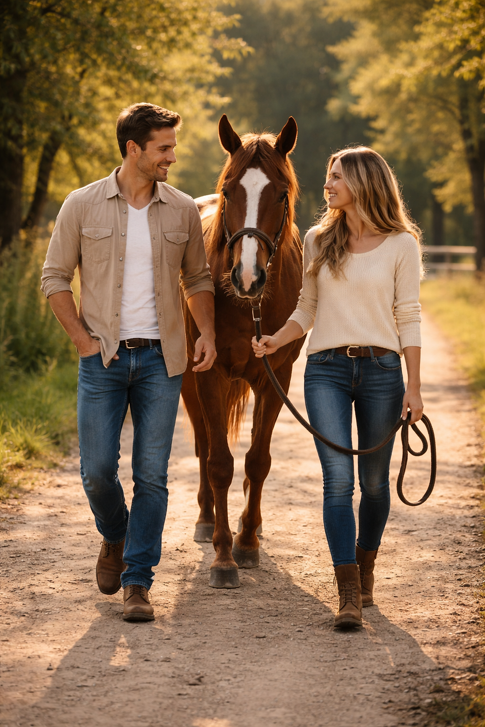 Eye-level view of a calm horse standing beside a couple holding hands in a natural outdoor setting