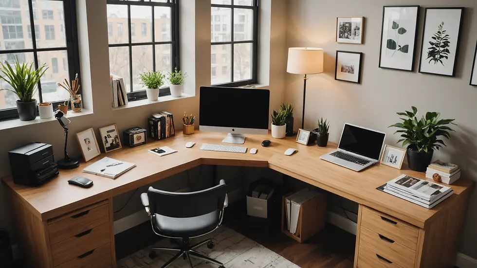 High angle view of a stylish, organized home office upgrade
