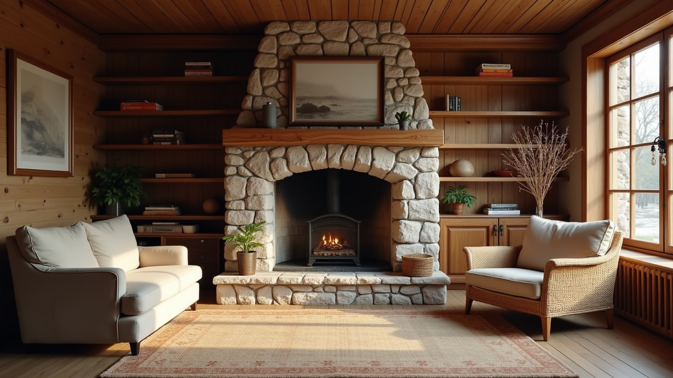 Eye-level view of a rustic wooden living room with a stone fireplace