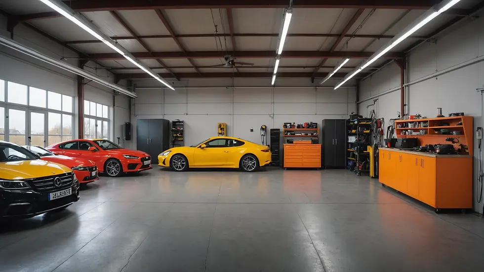 Wide angle view of a garage transformed into a multi-purpose space