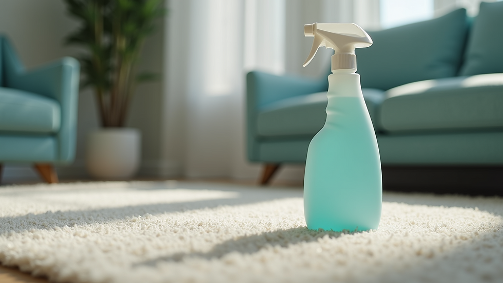 Close-up view of a carpet cleaning solution bottle on a carpet
