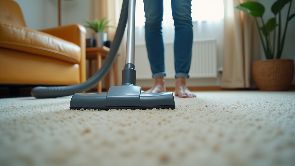 Eye-level view of a person vacuuming a household carpet
