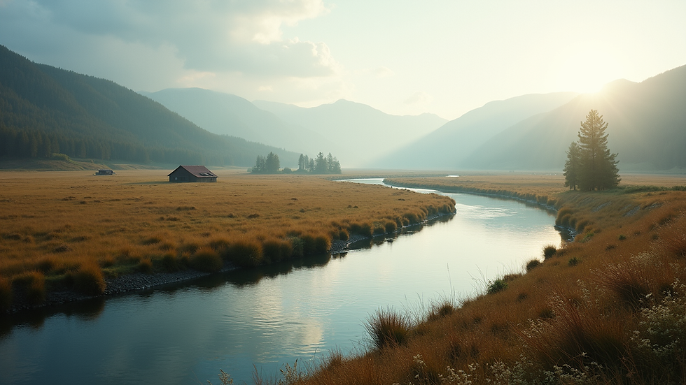 Wide angle view of a serene landscape with a winding river