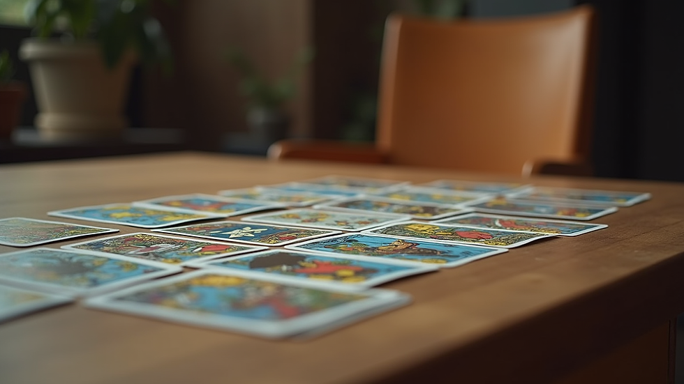 eye-level view of tarot cards laid out on a wooden table