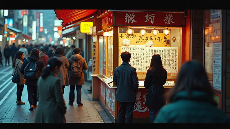High angle view of a fortune-telling booth in a busy Tokyo shopping street