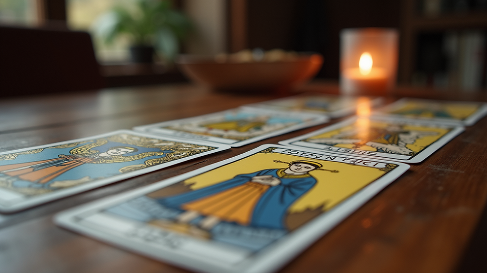 eye-level view of tarot cards laid out on a wooden table