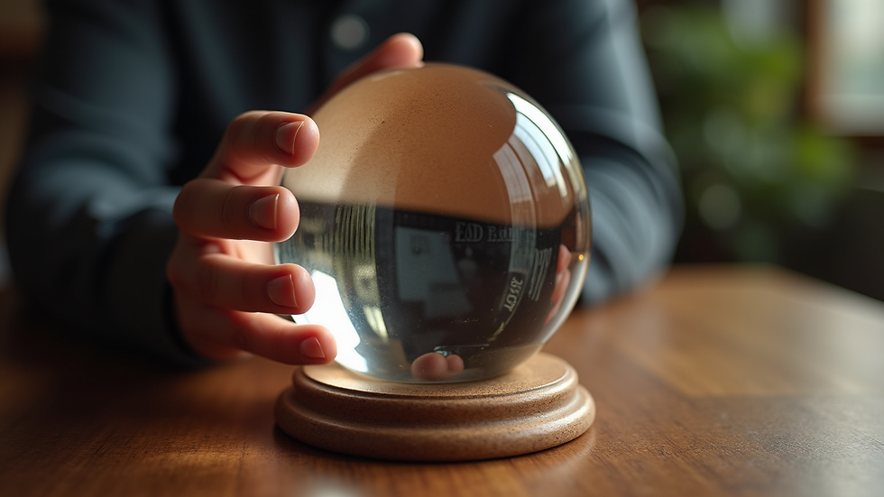 Close-up view of a person holding a crystal ball on a wooden table
