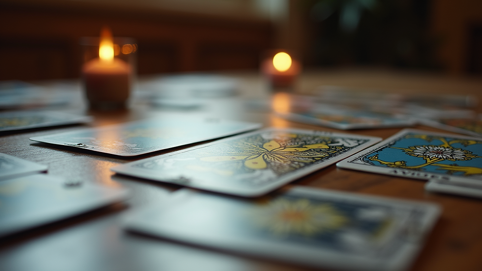 Close-up view of tarot cards laid out on a table