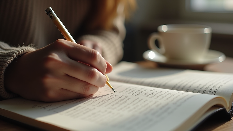 close-up view of a person writing feelings in a journal with a cup of tea nearby