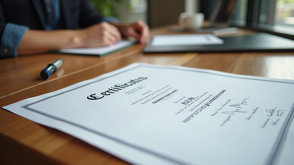 Close-up view of a certification diploma on a wooden desk