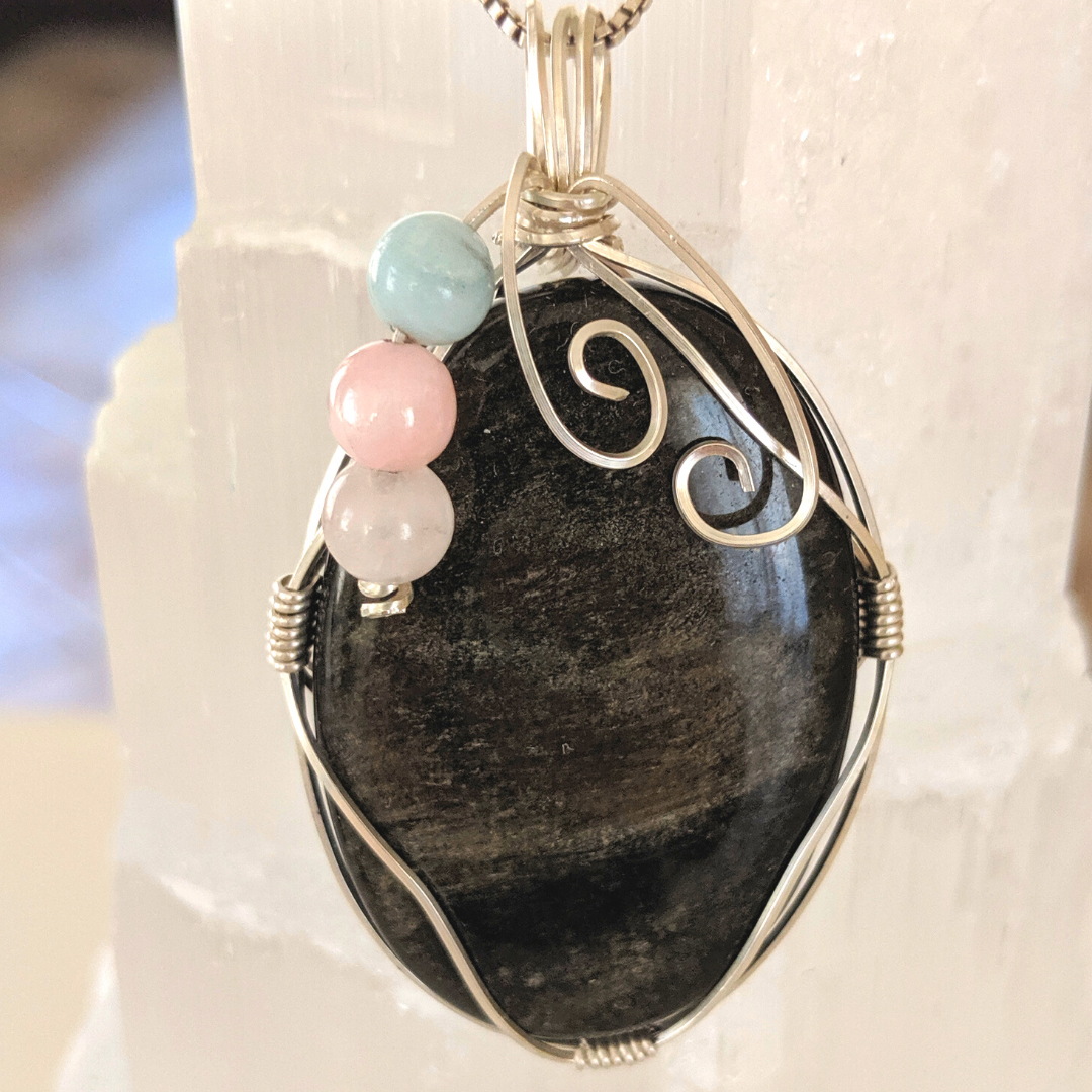 Obsidian, Amazonite, Rose Quartz and Kunzite - Sterling Silver Wrapped