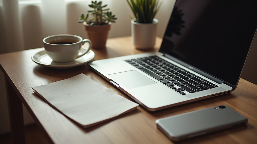 High angle view of a cozy writing space with a laptop and coffee cup