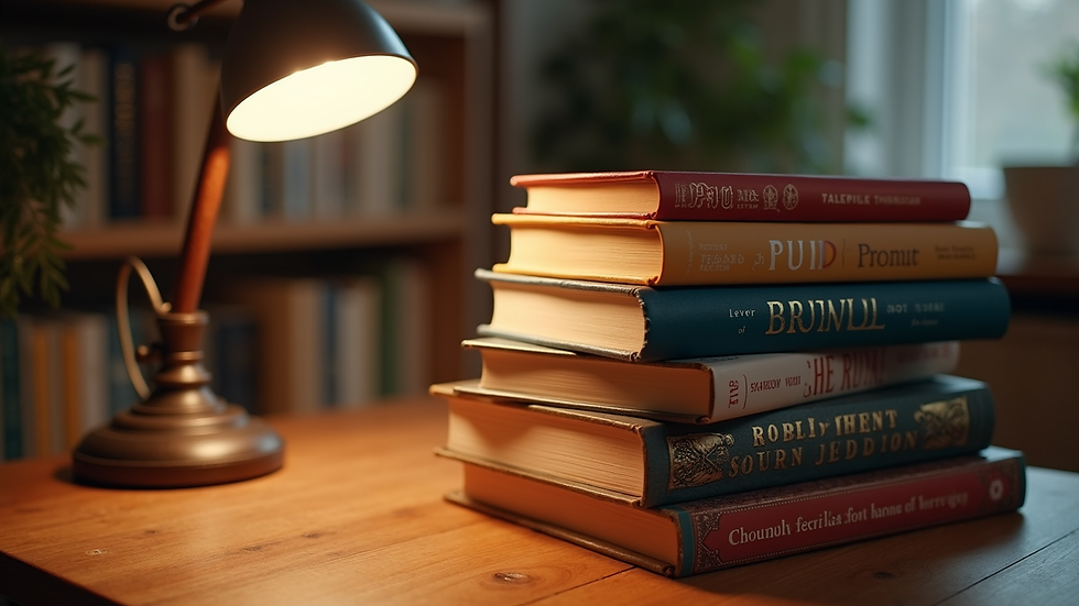 High angle view of a stack of women's fiction novels on a wooden table with a reading lamp