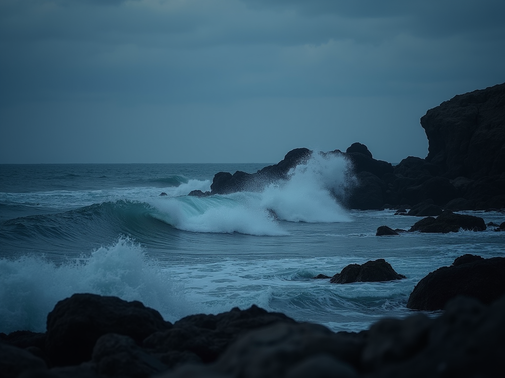 A dramatic and atmospheric shot of dark ocean waves crashing against a rugged shoreline at twilight.