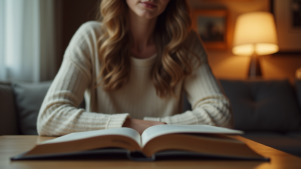 Eye-level view of a woman reading a book in a cozy setting