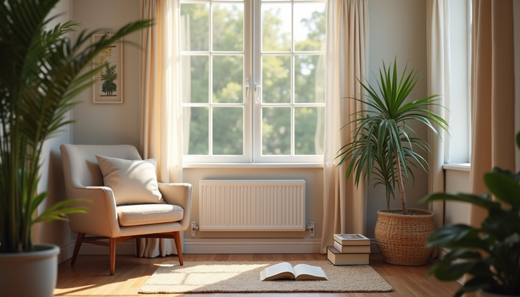 Eye-level view of a cozy reading nook with a soft armchair and a stack of books by a window