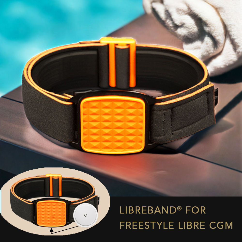 Libreband with orange pyramids cover and black neoprene strap shown in pool-side setting.