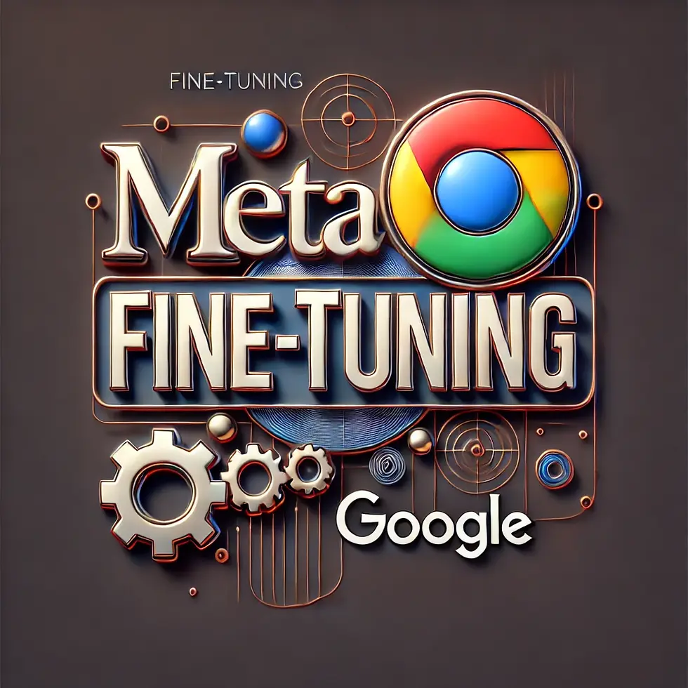 image featuring the Meta and Google logos along with the word "fine-tuning." It visually represents the concept of collaboration and optimization in AI strategies. Let me know if you'd like any adjustments!