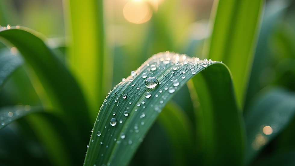 Close-up view of green leaves with morning dew drops