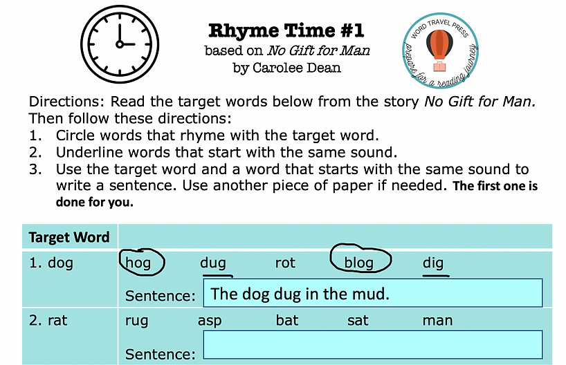 Rhyme Time #1 activity is displayed with a target word and a completed example