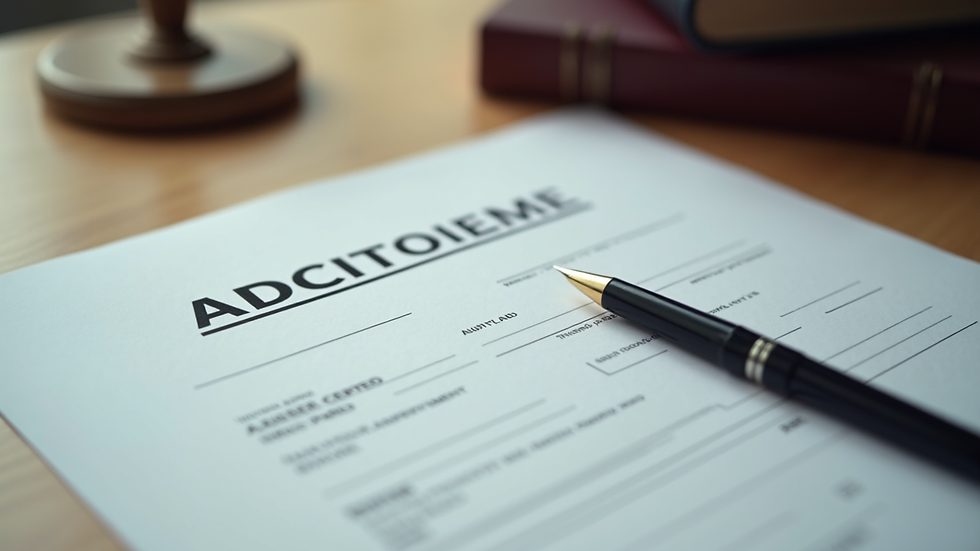 Eye-level view of a legal document and pen on a wooden desk