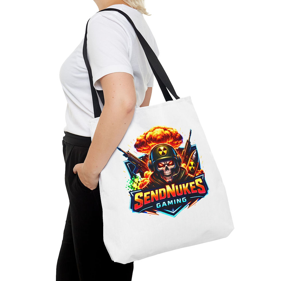 Thumbnail: SendNukesGaming tote bag angled view with water bottle and controller inside